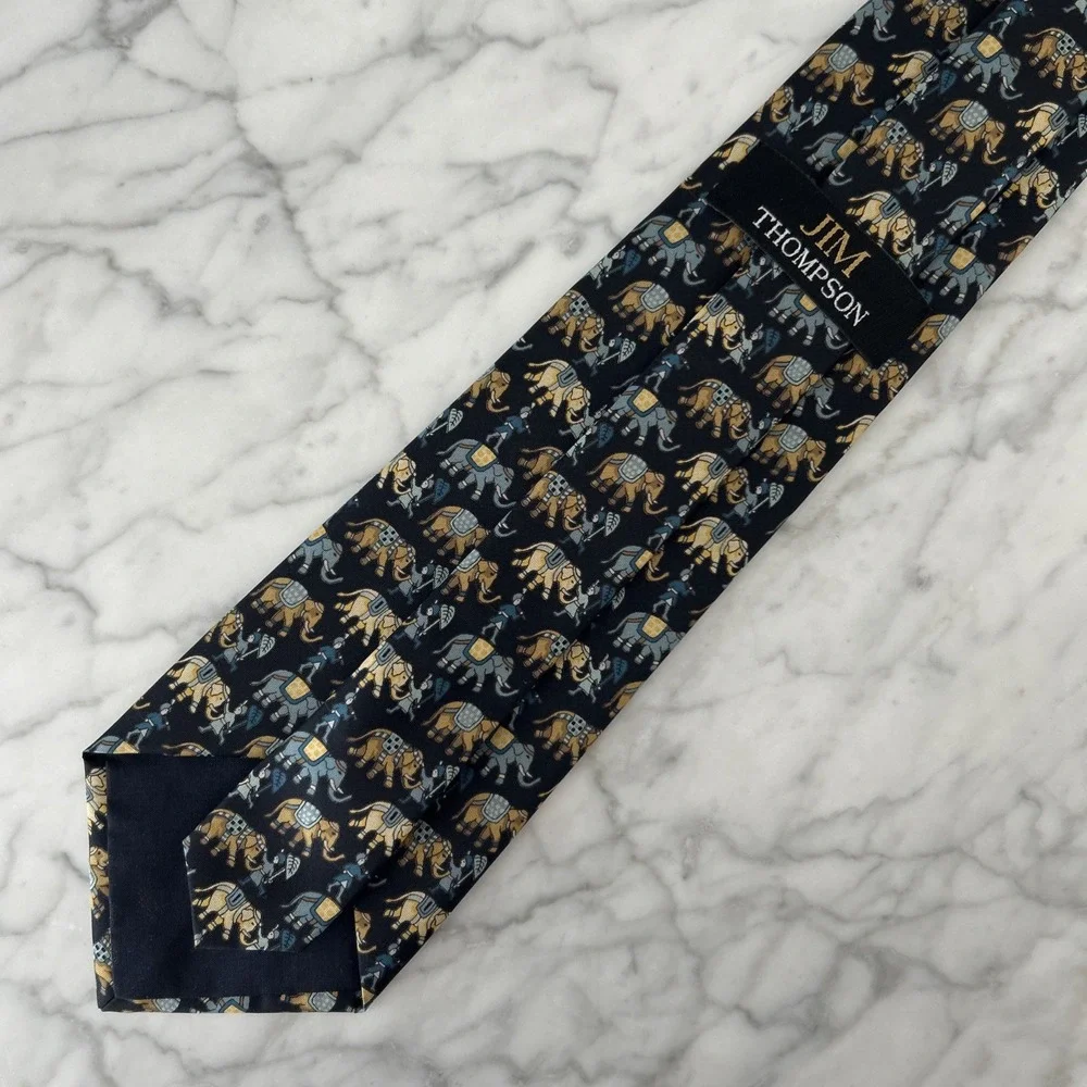 Jim Thompson 100% Silk Tie Whimsical Elephants Animal Print Blue & Tan